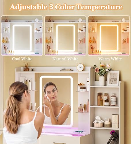 White Vanity Desk with Mirror and LED Lights, Wireless Charging L6741