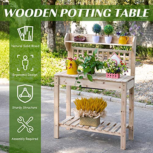 Outsunny Wooden Potting Bench Table with Sliding Tabletop and Storage Shelf M52235