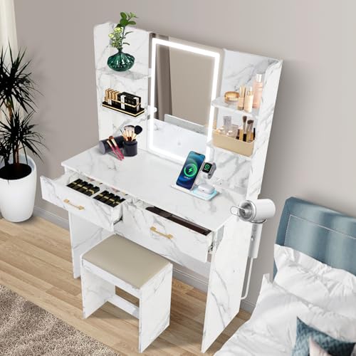 White Vanity Set with Lighted Mirror, Drawers and Stool V52922