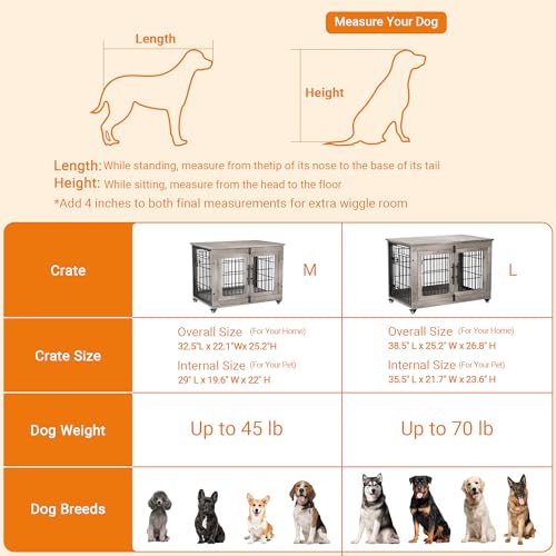 Lulive Dog Crate Furniture for Medium Dogs, 32" Wooden Kennel with Cushion & Wheels, Grey D230281