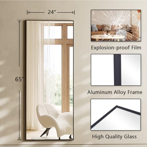 Koonmi Large Full Length Mirror with Stand, Aluminum Alloy Frame, Black G7504