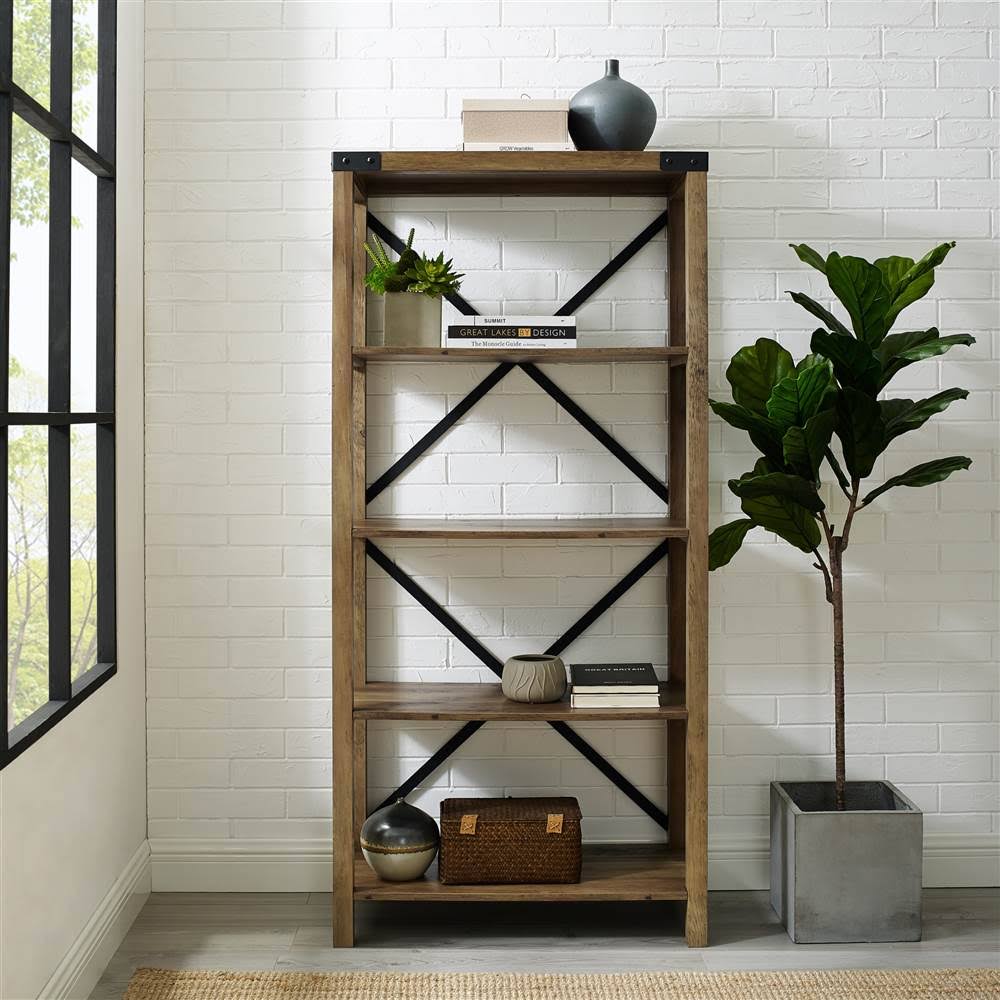 Walker Edison 64x22 Farmhouse Metal Bookcase Rustic Oak Z58533