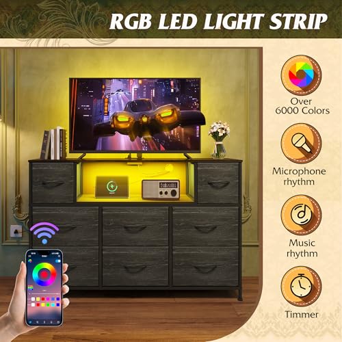 WLIVE Dresser for Bedroom with Charging Station and LED Lights, 8 Drawer R754
