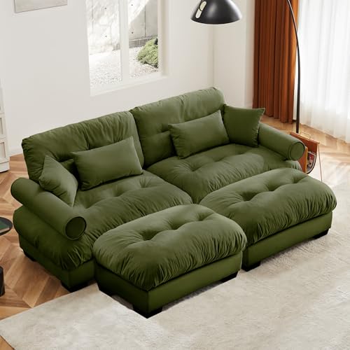 130" Modular Sectional Sofa with Movable Ottoman, Velvet Upholstered, Green Y4976