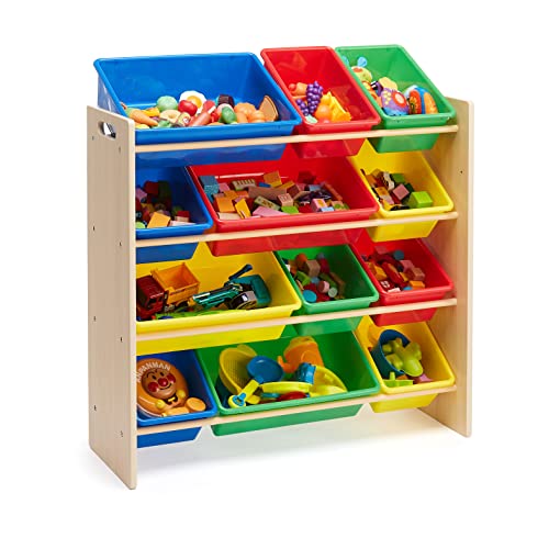 Amazon Basics Kids Toy Storage Organizer with 12 Plastic Bins, White and Pink E133327