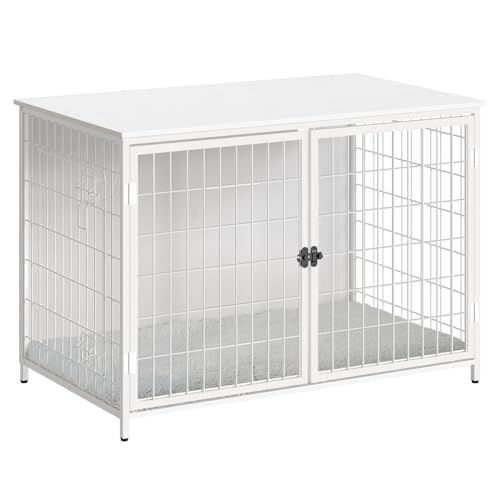 Wooden Dog Crate Furniture with Cushion, Double Doors, Greige X29262