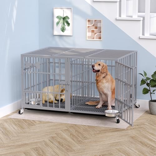 aboxoo 42/48 inch Heavy Duty Metal Dog Crate for Large Dogs with Wheels and Tray M5685