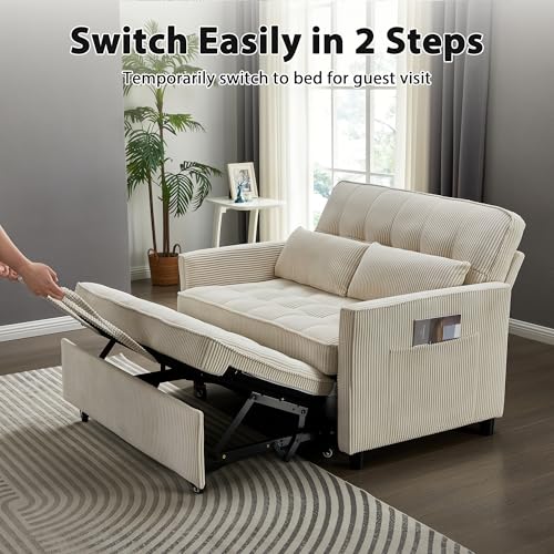 Corduroy Sleeper Sofa Bed with USB Port and Side Pockets, Beige I998