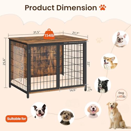Wooden Dog Crate Furniture with Cushion, Double Doors, Greige X29262