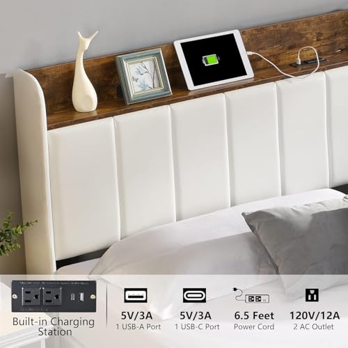 Queen Bed Frame with Headboard & Charging Station, Upholstered, 2 Storage Drawers, White T9445
