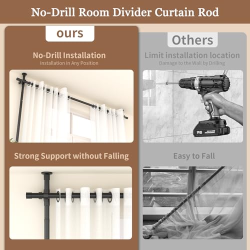 Adjustable No Drilling Room Divider Curtain Rod, Heavy Duty Metal Tension Wall Partition V7920