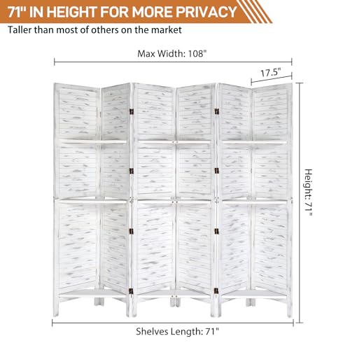 Bonnlo 6 Panel Wood Room Divider with Shelves, 6 FT Folding Privacy Screen T6528