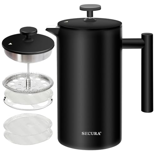 Secura French Press Coffee Maker, 34oz Stainless Steel Insulated, Silver W447