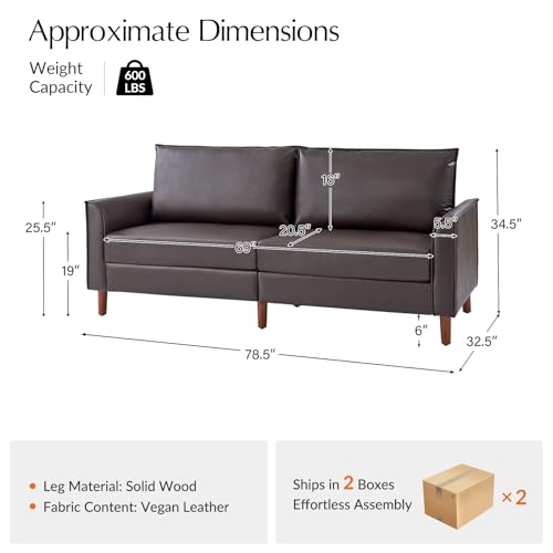 HULALA HOME 78" Faux Leather Sofa with Solid Wood Legs, Brown W53231