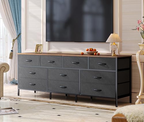 Huuger 63 Inch Dresser with 10 Fabric Drawers, Rustic Brown M836