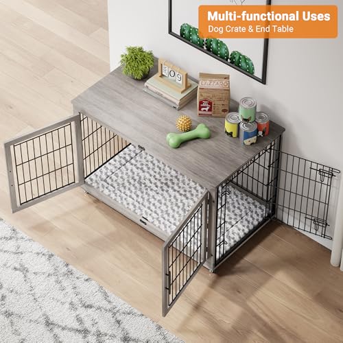 Lulive Dog Crate Furniture for Medium Dogs, 32" Wooden Kennel with Cushion & Wheels, Grey D230281
