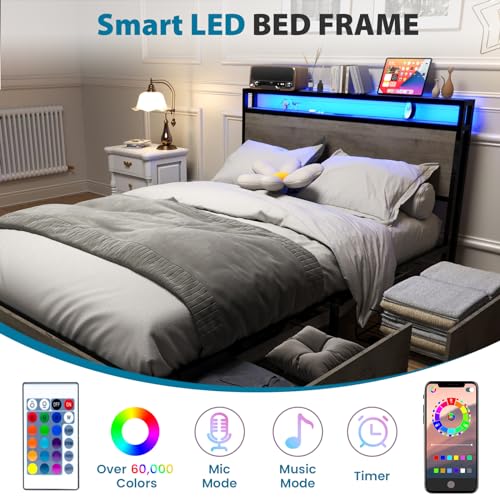 Queen Size Bed Frame with 4 Storage Drawers, LED, Charging Station, Gray L1115