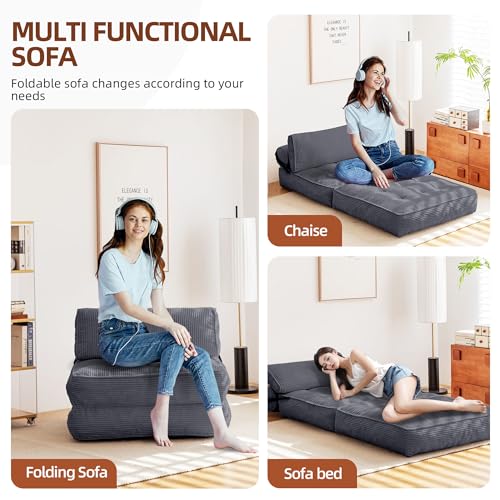 GYUTEI Folding Sofa Bed Convertible Sleeping Chair with Corduroy Fabric, Grayish Blue E807
