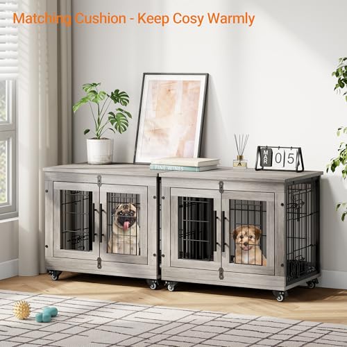 Lulive Dog Crate Furniture for Medium Dogs, 32" Wooden Kennel with Cushion & Wheels, Grey D230281
