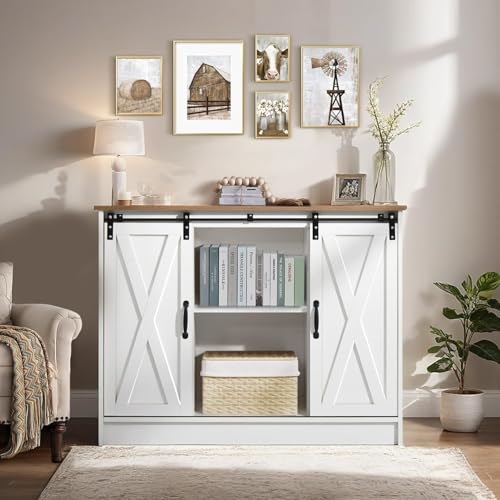 4 EVER WINNER Coffee Bar Cabinet with Sliding Barn Doors, 42" Sideboard Buffet, Espresso O37010