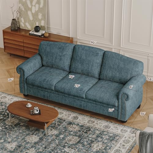 90 Inch Nailhead Trim Chenille Sofa for Living Room, Beige L968714