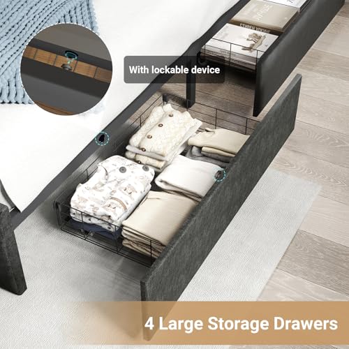 Queen Size Bed Frame with 4 Storage Drawers, LED, Charging Station, Gray L1115