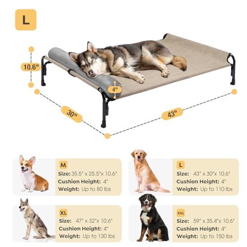 Veehoo Large Elevated Dog Bed, Outdoor Raised Cot with Removable Headrest, Breathable Washable Mesh R9070