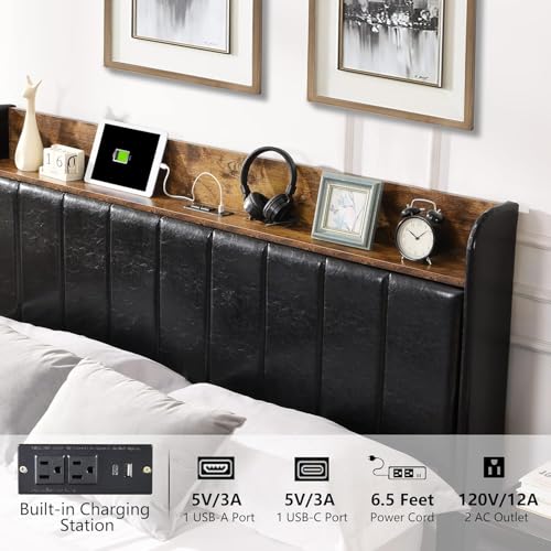 Queen Bed Frame with Headboard & Charging Station, Upholstered, 2 Storage Drawers, White T9445