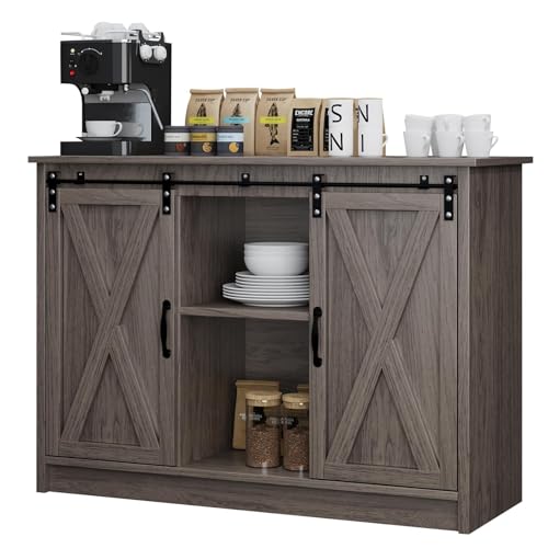 4 EVER WINNER Coffee Bar Cabinet with Sliding Barn Doors, 42" Sideboard Buffet, Espresso O37010