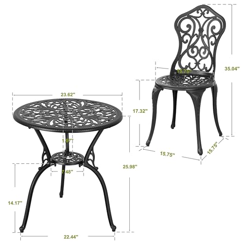 NUU GARDEN 3 Piece Cast Aluminum Bistro Set with Umbrella Hole, Black N80118