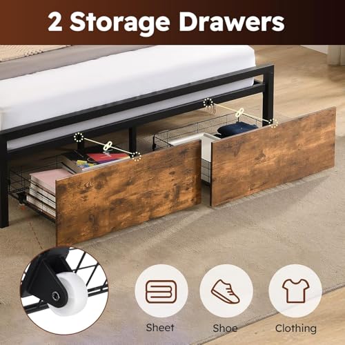 Queen Size Bed Frame with 4 Storage Drawers, LED, Charging Station, Gray L1115