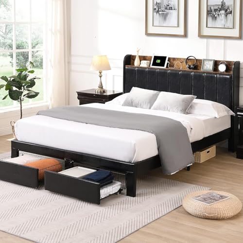 Queen Bed Frame with Headboard & Charging Station, Upholstered, 2 Storage Drawers, White T9445