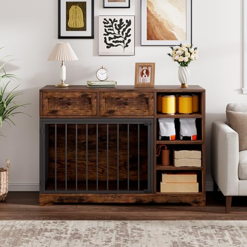 IDEALHOUSE 47" Large Dog Crate Furniture with 2 Drawers, Wooden Kennel for Medium Large Dogs, Black W8906