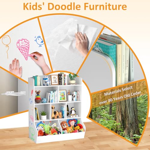4 Tier Kids Bookshelf and Toy Storage Organizer with 8 Wooden Cabinets, White O66925