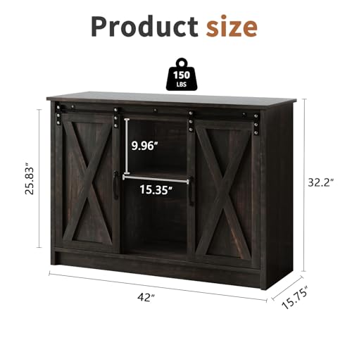 4 EVER WINNER Coffee Bar Cabinet with Sliding Barn Doors, 42" Sideboard Buffet, Espresso O37010