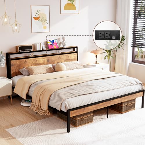 Queen Size Bed Frame with 4 Storage Drawers, LED, Charging Station, Gray L1115