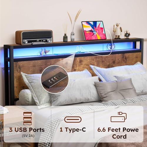 Queen Size Bed Frame with 4 Storage Drawers, LED, Charging Station, Gray L1115