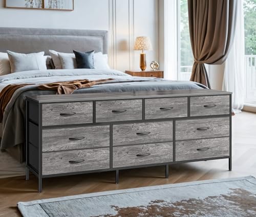 Huuger 63 Inch Dresser with 10 Fabric Drawers, Rustic Brown M836