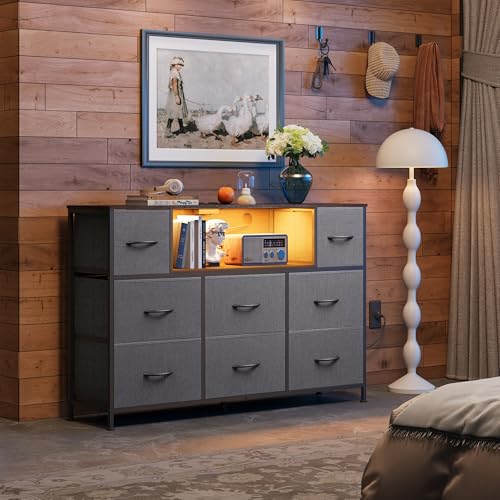WLIVE Dresser for Bedroom with Charging Station and LED Lights, 8 Drawer R754