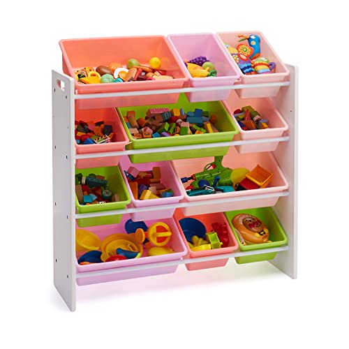 Amazon Basics Kids Toy Storage Organizer with 12 Plastic Bins, White and Pink E133327