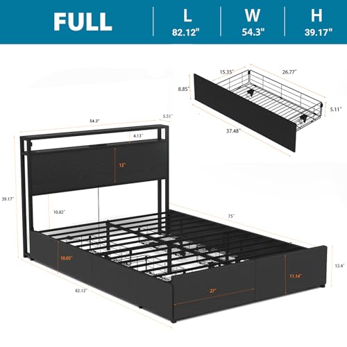 Full Size Bed Frame with Headboard, LED Lights, 4 Storage Drawers, Charging Station, Black C93321