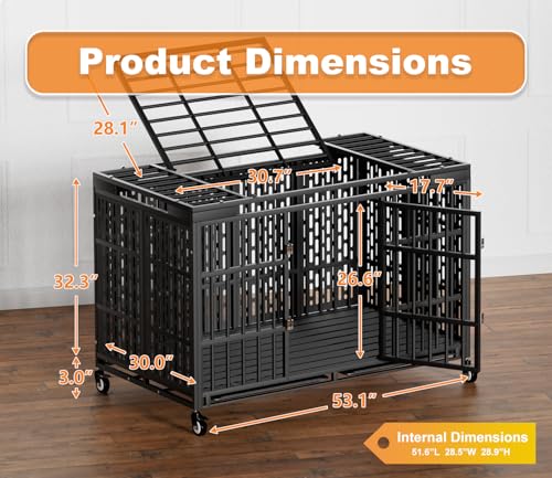 Heavy Duty Dog Crate with Wheels for Large Dogs, Folding Metal Cage with Removable Tray R395