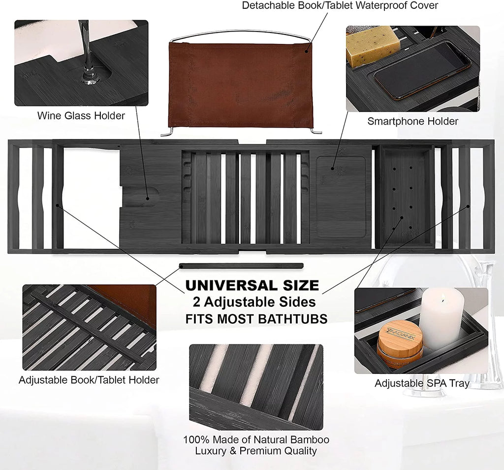 Bamboo Bathtub Tray Expandable Caddy with Tablet Holder (Black) K8281