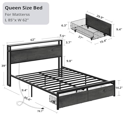 LIKIMIO King Bed Frame with Storage Headboard and Charging Station, Vintage Brown X317