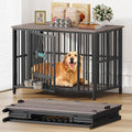 Easycom 41" Foldable Dog Crate Furniture with Adjustable Bowls, Rustic Brown M74490