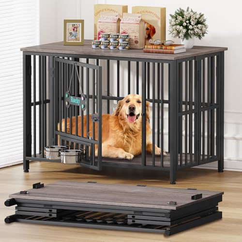 Easycom 41" Foldable Dog Crate Furniture with Adjustable Bowls, Rustic Brown M74490