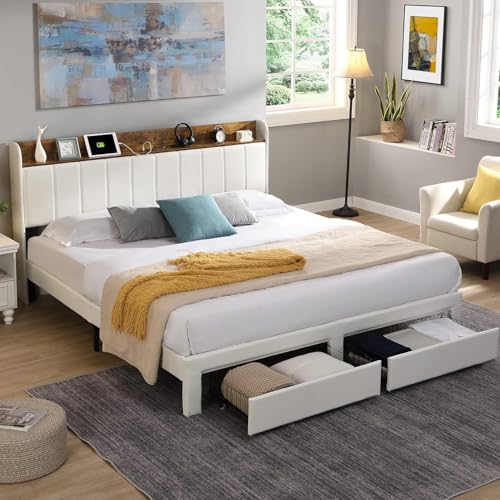Queen Bed Frame with Headboard & Charging Station, Upholstered, 2 Storage Drawers, White T9445
