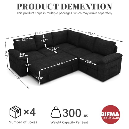 108 Inch U-Shaped Sectional Sleeper Sofa with Pull Out Bed, Dark Grey J60928