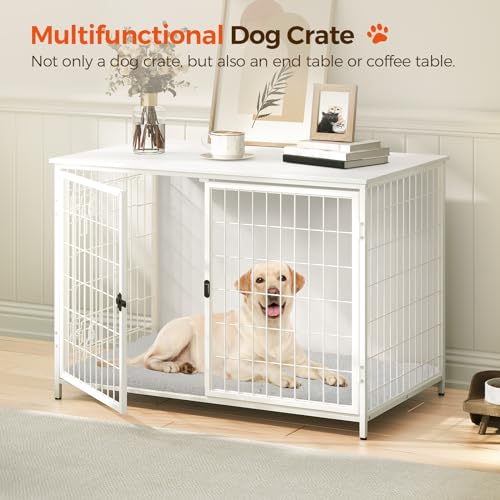 Wooden Dog Crate Furniture with Cushion, Double Doors, Greige X29262