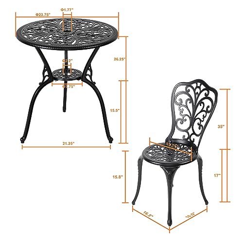 NUU GARDEN 3 Piece Cast Aluminum Bistro Set with Umbrella Hole, Black N80118